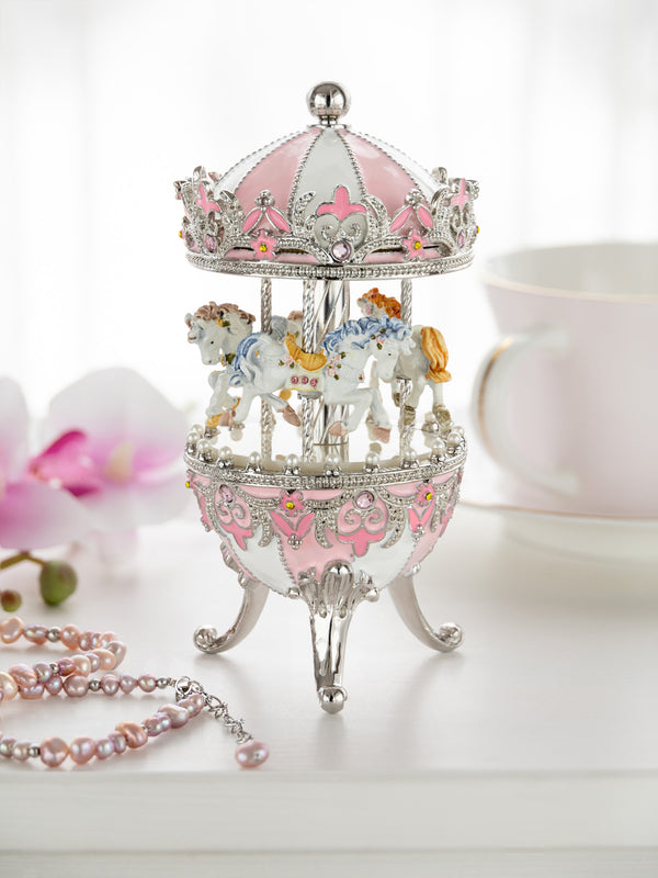 Pink Faberge Egg with Wind up Horse Carousel