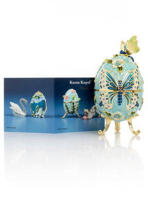 Keren Kopal Turquoise Faberge Egg with Flowers and Butterfly
