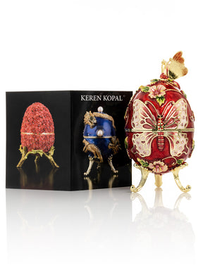 Keren Kopal Red Faberge Egg with Flowers and Butterfly