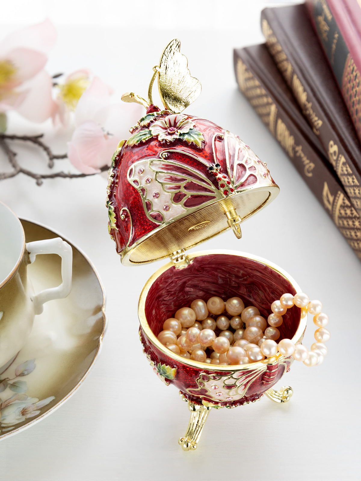 Keren Kopal Red Faberge Egg with Flowers and Butterfly