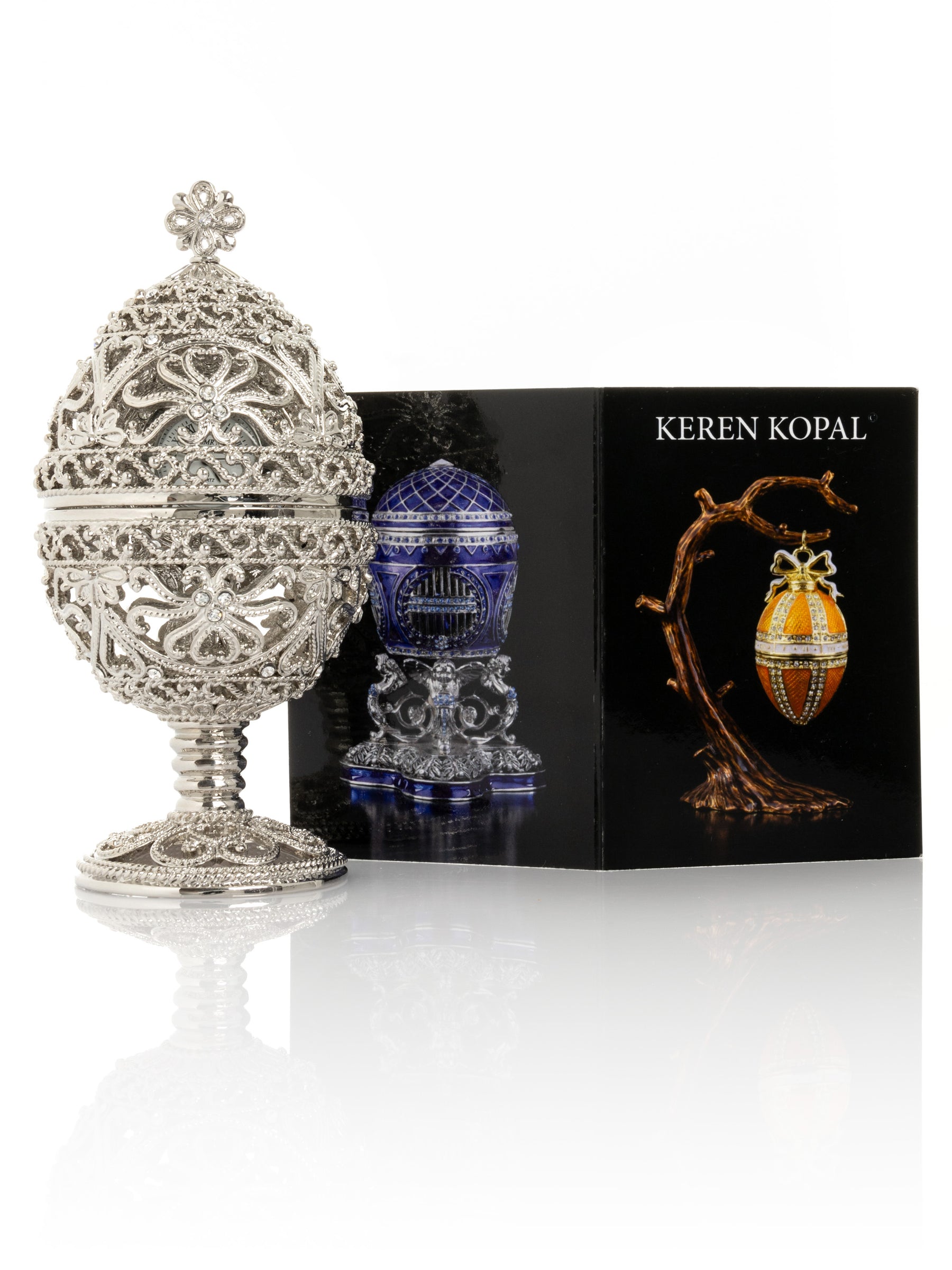 Keren Kopal Silver Faberge Egg with Clock Inside