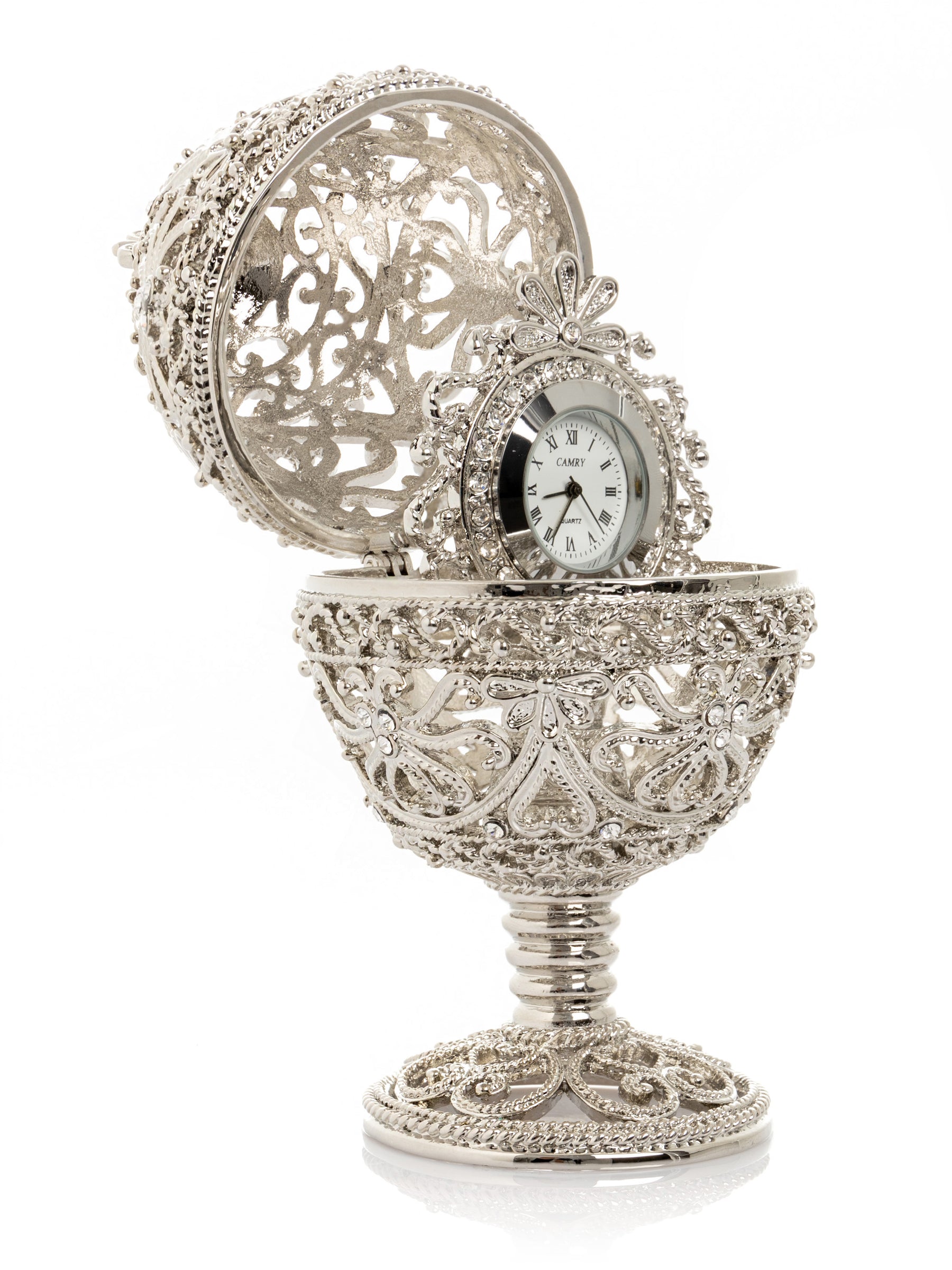 Keren Kopal Silver Faberge Egg with Clock Inside