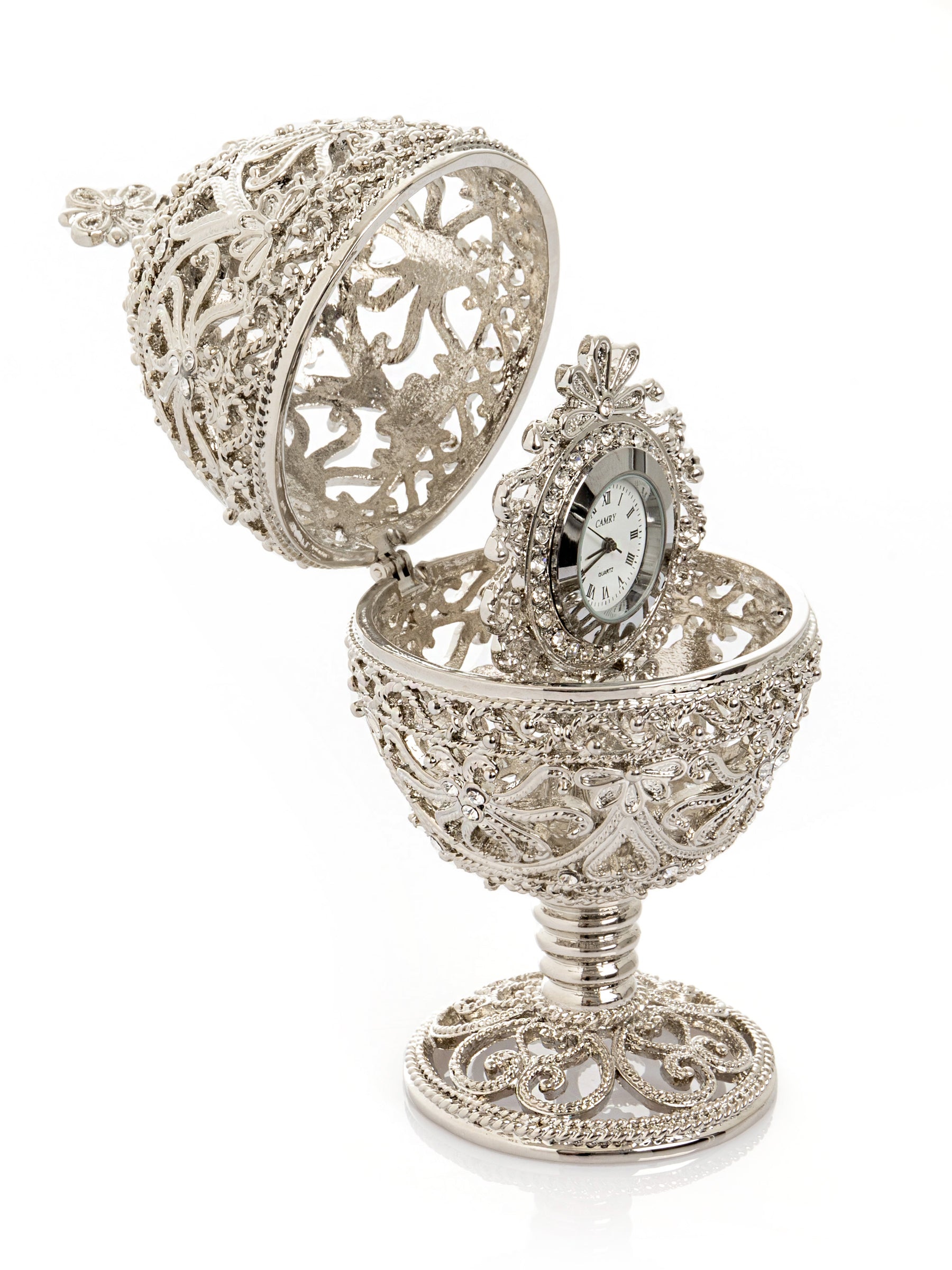 Keren Kopal Silver Faberge Egg with Clock Inside