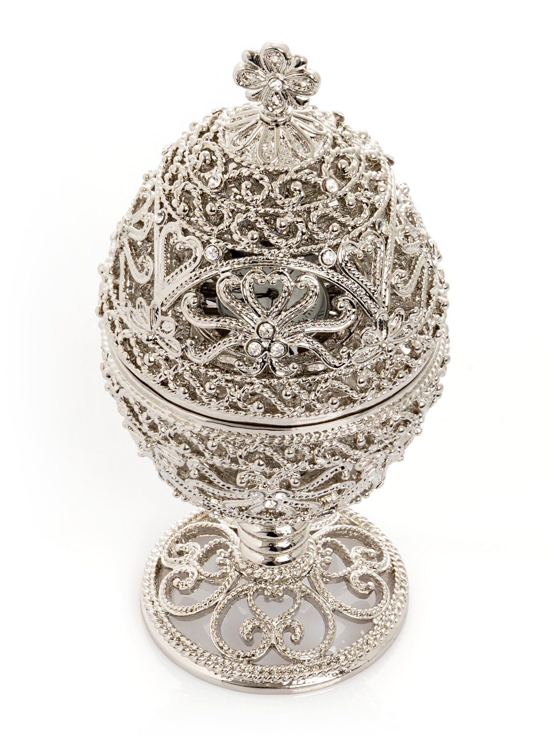 Keren Kopal Silver Faberge Egg with Clock Inside