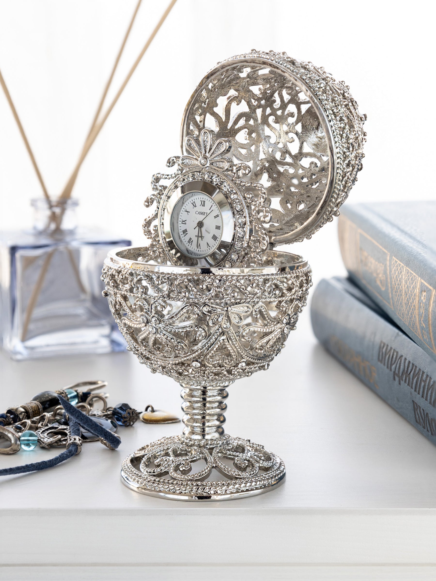 Keren Kopal Silver Faberge Egg with Clock Inside