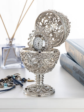 Keren Kopal Silver Faberge Egg with Clock Inside
