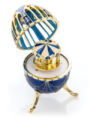 Blue and Gold Faberge Egg with Horse Carousel Surprise Inside