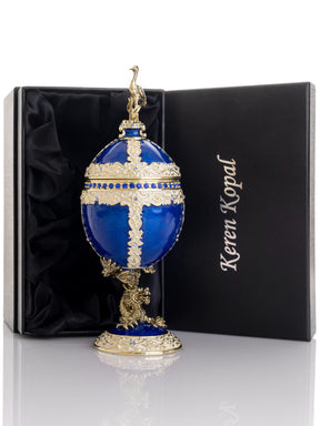Keren Kopal Luxurious Blue-Gold Egg with Clock with Dragon Pedestal and Bird Ornament