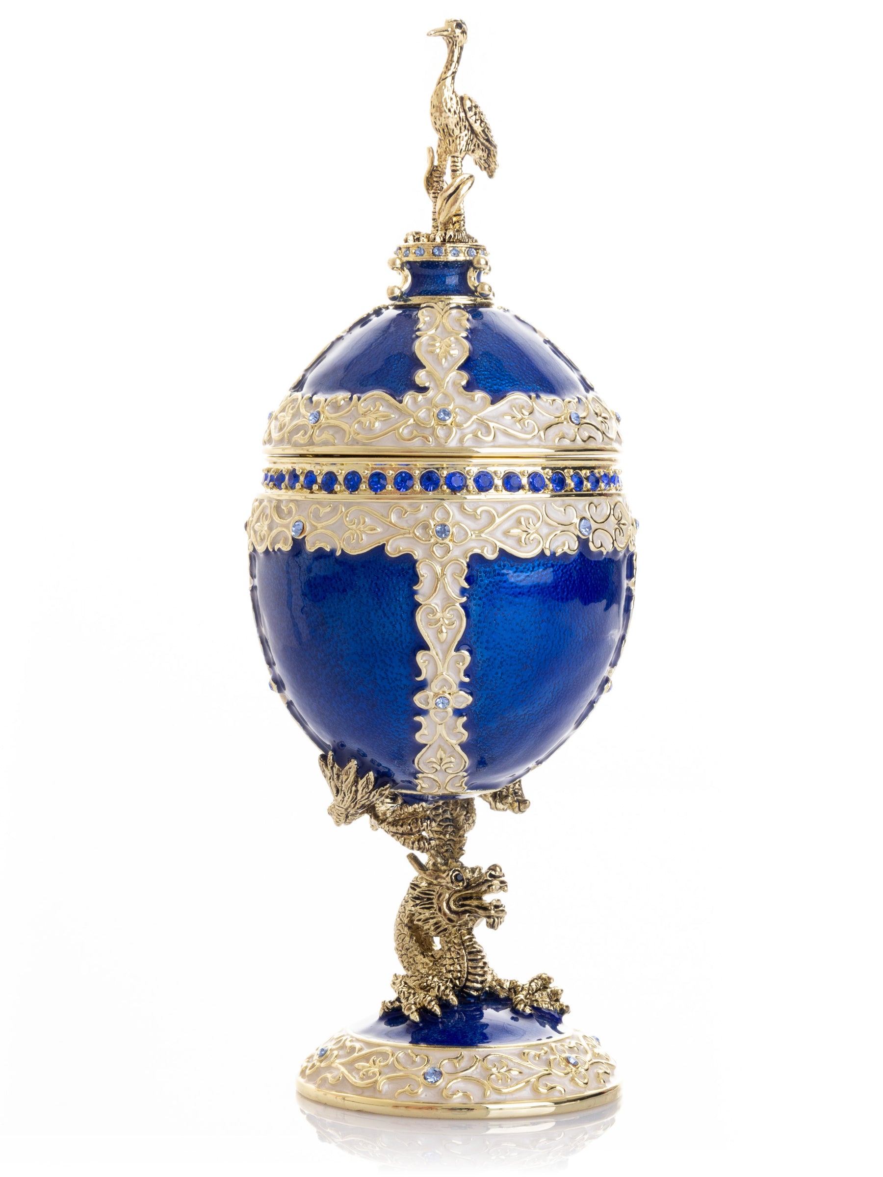 Keren Kopal Luxurious Blue-Gold Egg with Clock with Dragon Pedestal and Bird Ornament