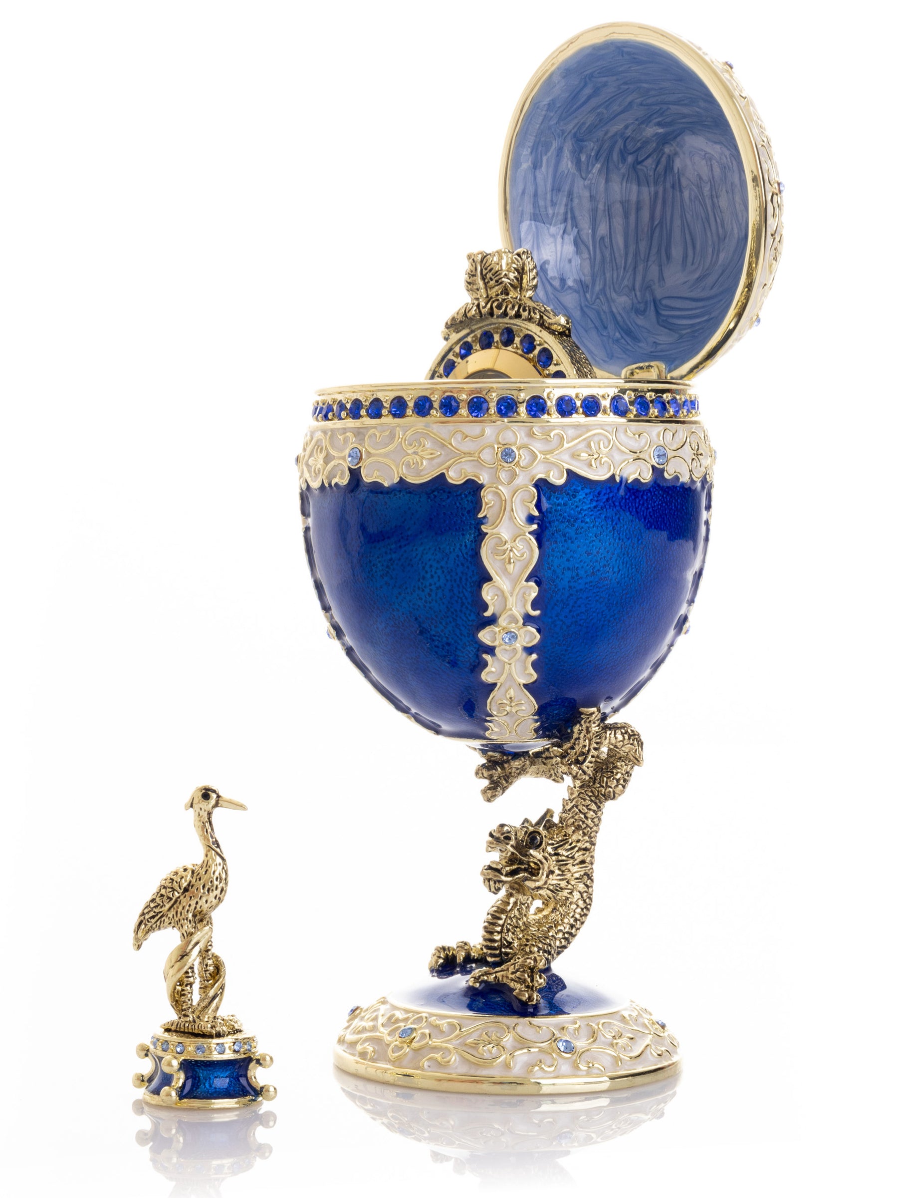 Keren Kopal Luxurious Blue-Gold Egg with Clock with Dragon Pedestal and Bird Ornament