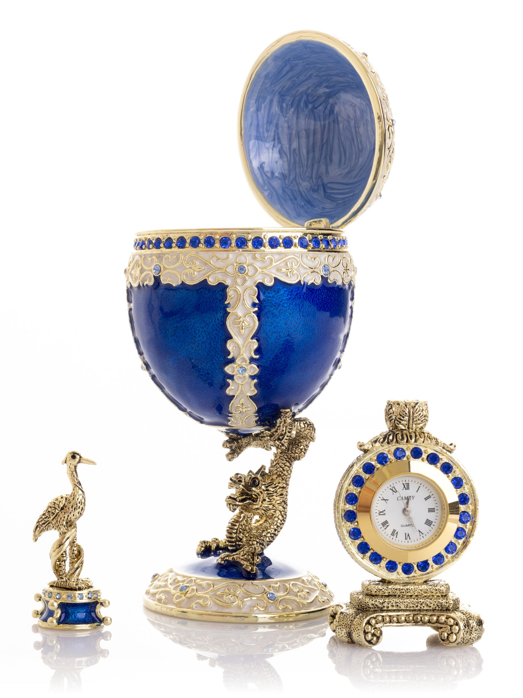 Keren Kopal Luxurious Blue-Gold Egg with Clock with Dragon Pedestal and Bird Ornament