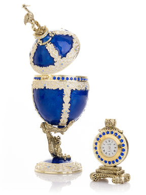 Keren Kopal Luxurious Blue-Gold Egg with Clock with Dragon Pedestal and Bird Ornament