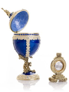 Keren Kopal Luxurious Blue-Gold Egg with Clock with Dragon Pedestal and Bird Ornament
