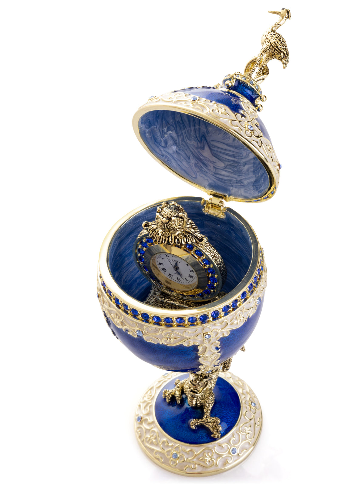 Keren Kopal Luxurious Blue-Gold Egg with Clock with Dragon Pedestal and Bird Ornament