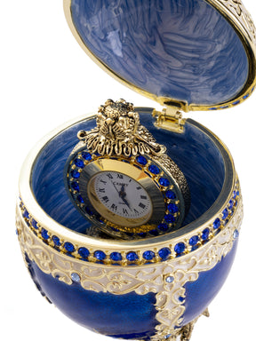 Keren Kopal Luxurious Blue-Gold Egg with Clock with Dragon Pedestal and Bird Ornament