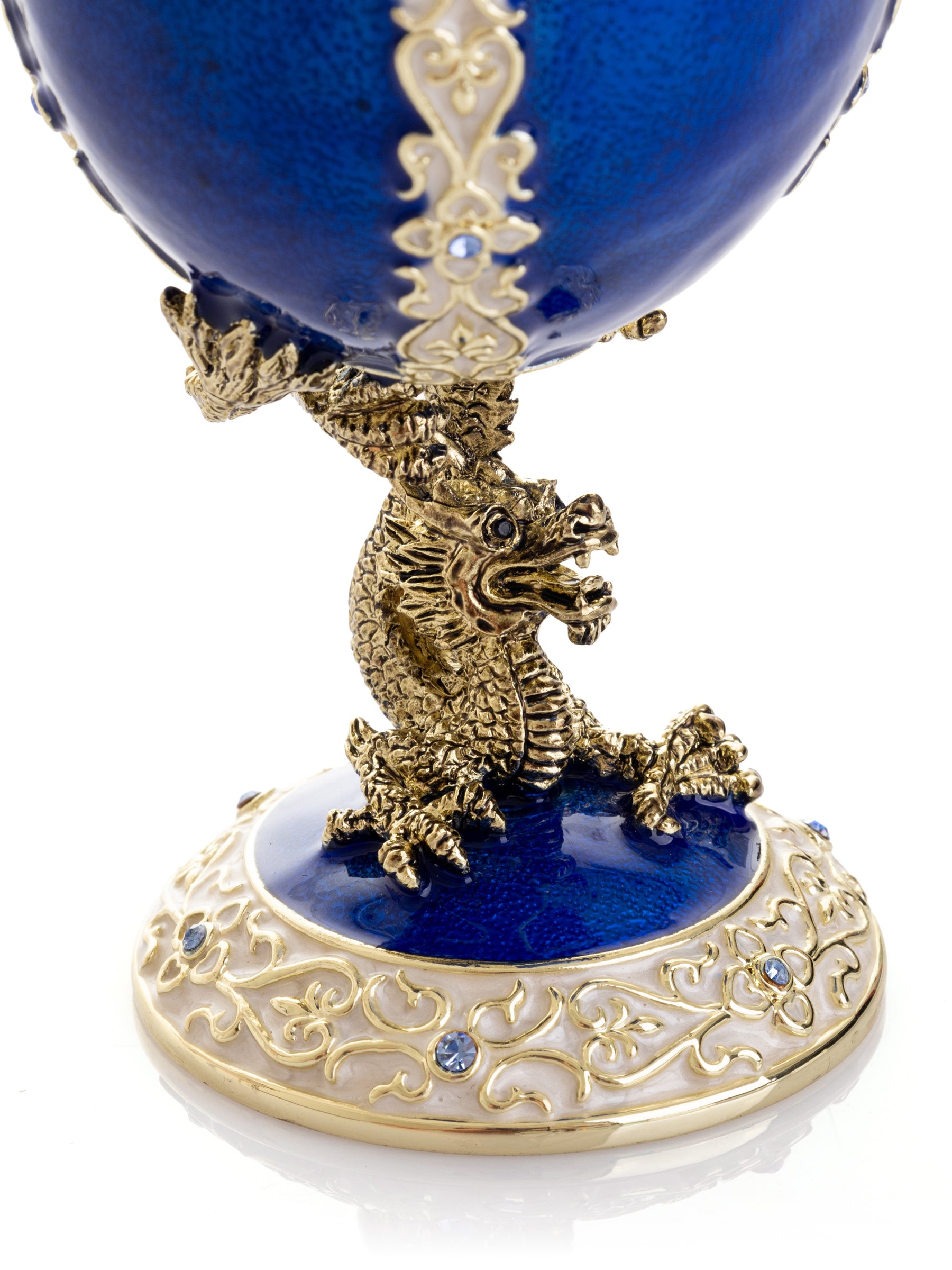 Keren Kopal Luxurious Blue-Gold Egg with Clock with Dragon Pedestal and Bird Ornament
