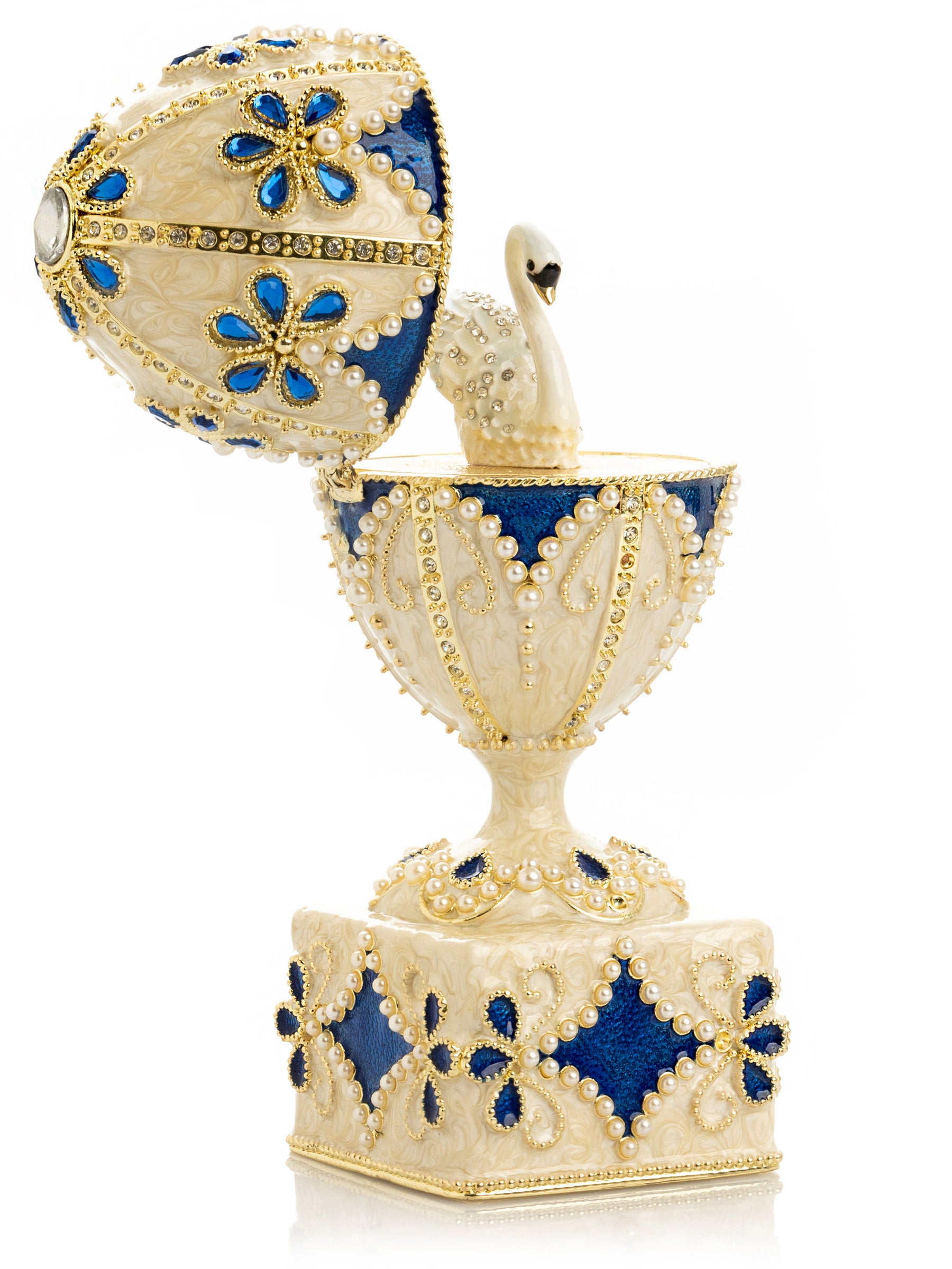 Keren Kopal Pearl Beige Faberge Egg with Swan Hidden compartment