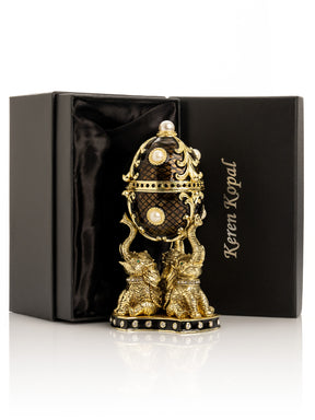 Keren Kopal Regal Brown and Gold Enamel Egg with Elephant Pedestal
