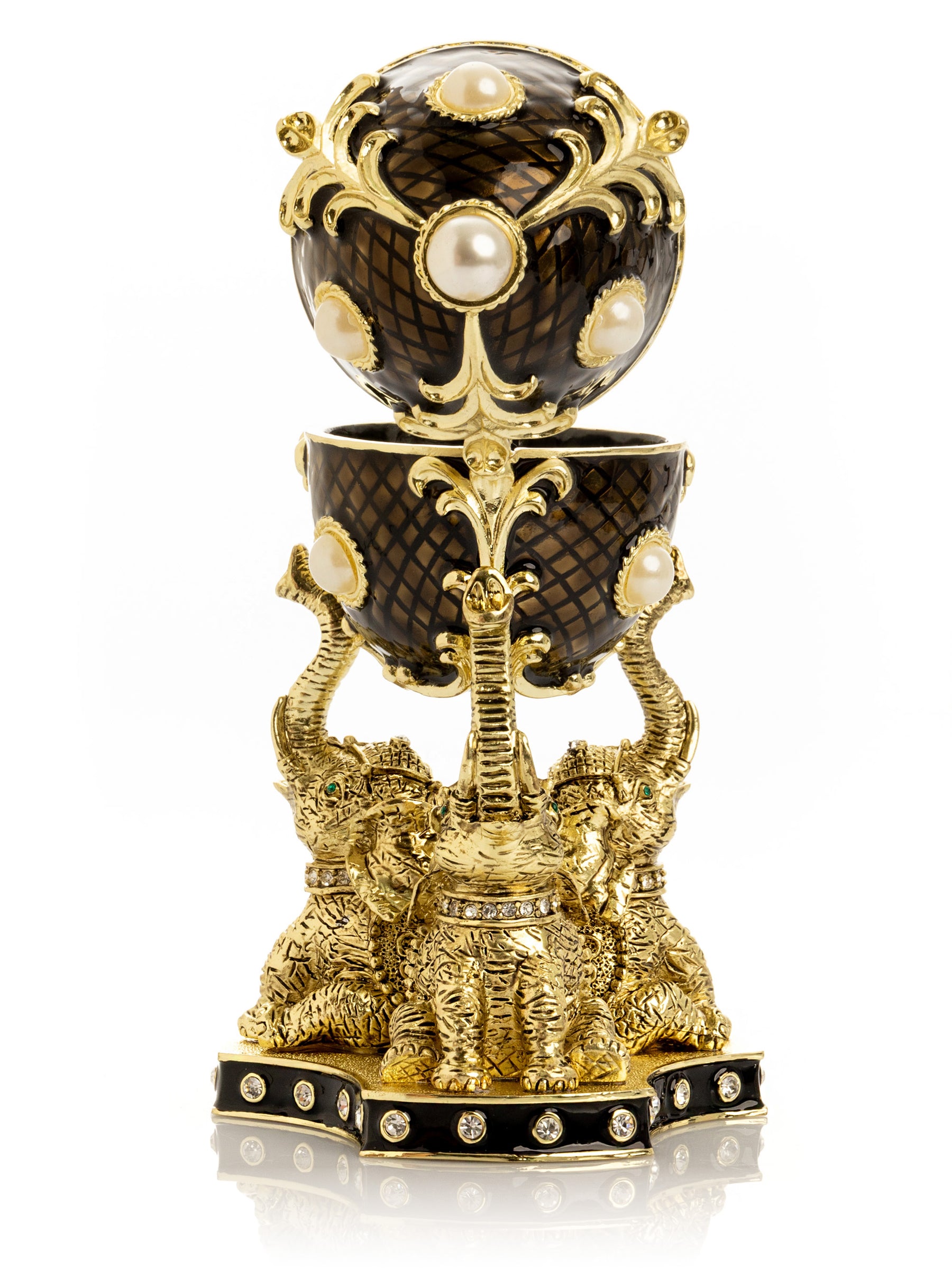 Keren Kopal Regal Brown and Gold Enamel Egg with Elephant Pedestal