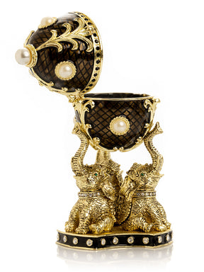 Keren Kopal Regal Brown and Gold Enamel Egg with Elephant Pedestal