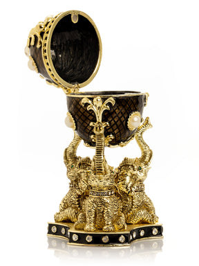 Keren Kopal Regal Brown and Gold Enamel Egg with Elephant Pedestal