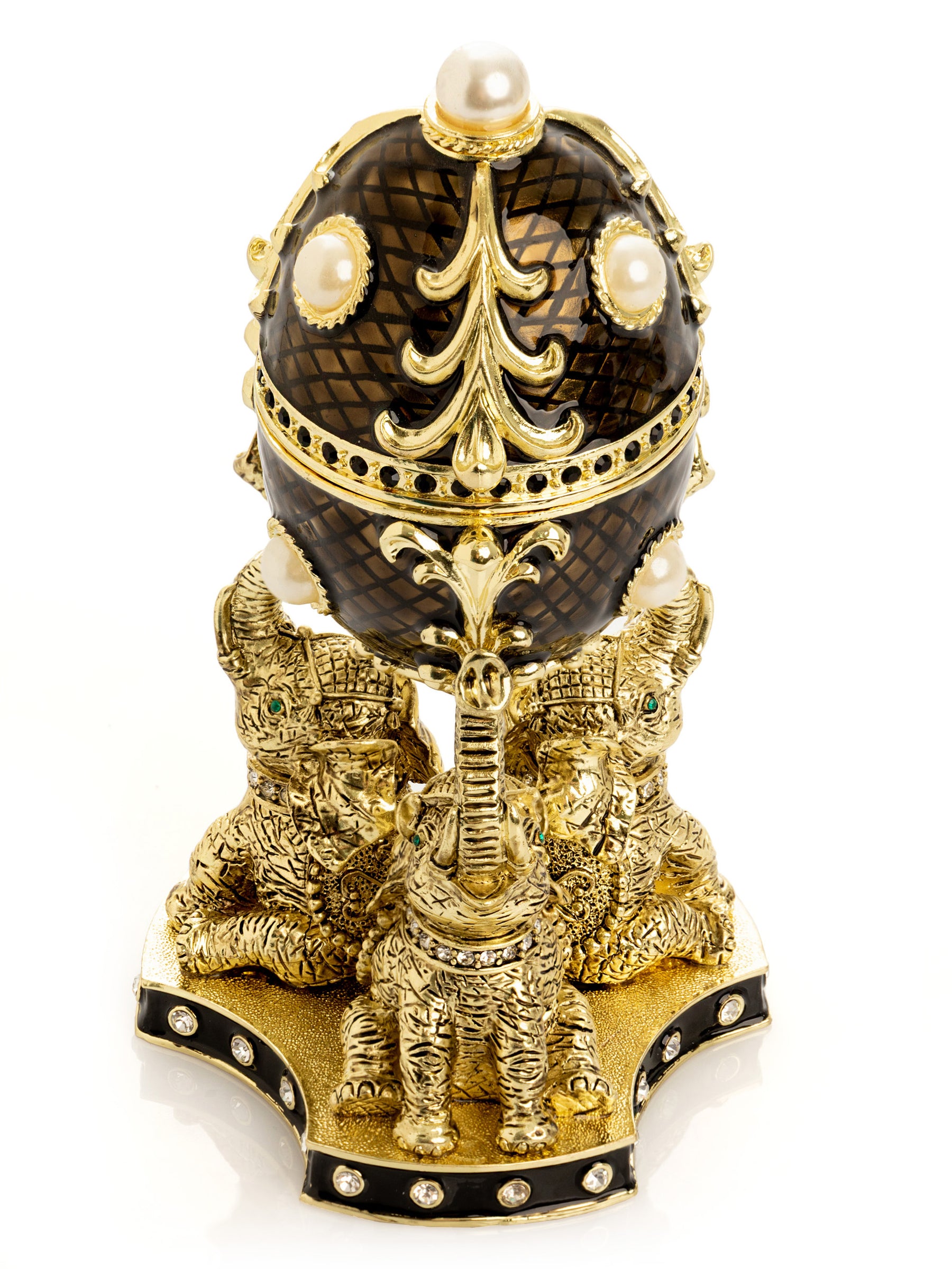 Keren Kopal Regal Brown and Gold Enamel Egg with Elephant Pedestal
