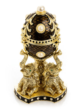 Keren Kopal Regal Brown and Gold Enamel Egg with Elephant Pedestal