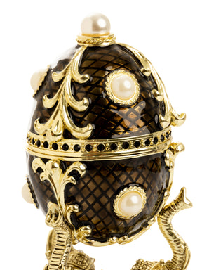 Keren Kopal Regal Brown and Gold Enamel Egg with Elephant Pedestal