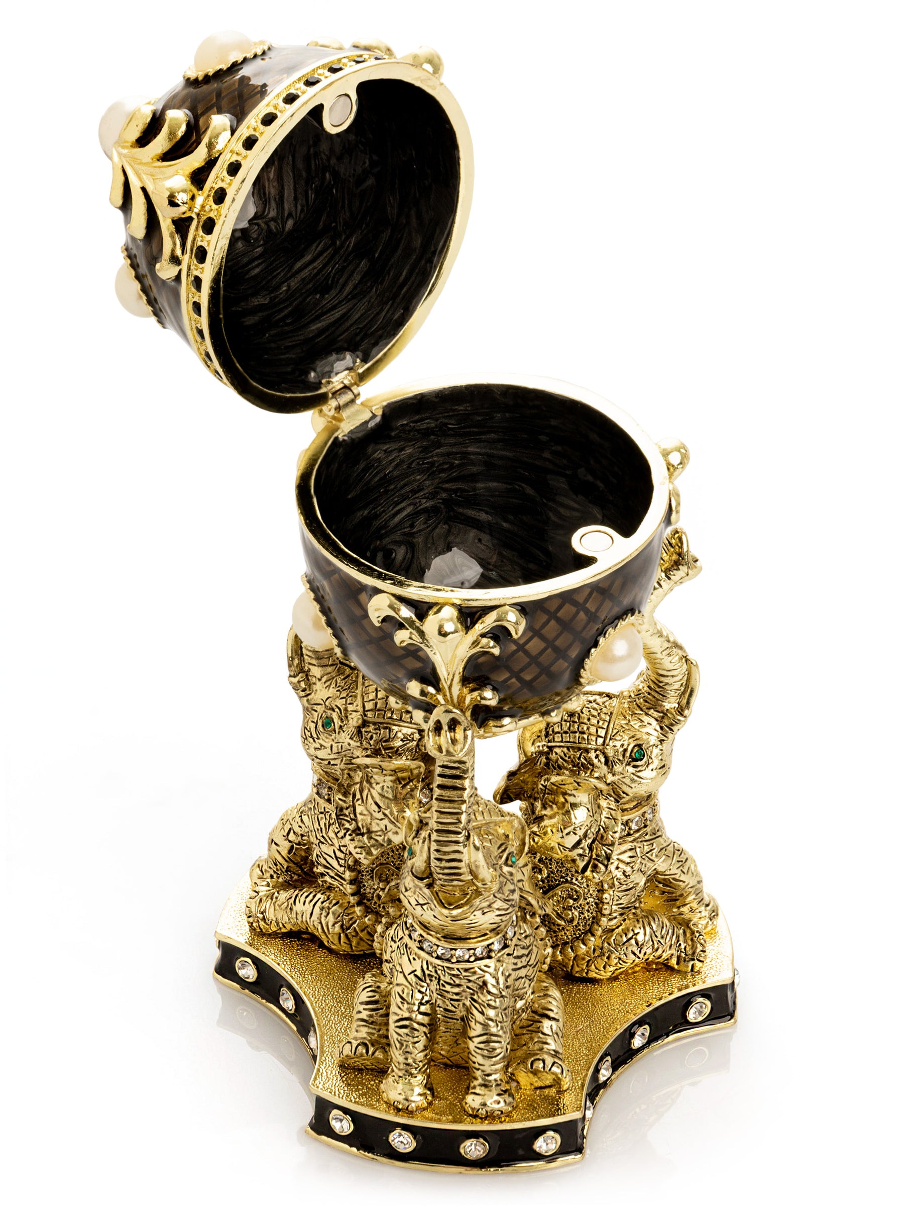 Keren Kopal Regal Brown and Gold Enamel Egg with Elephant Pedestal
