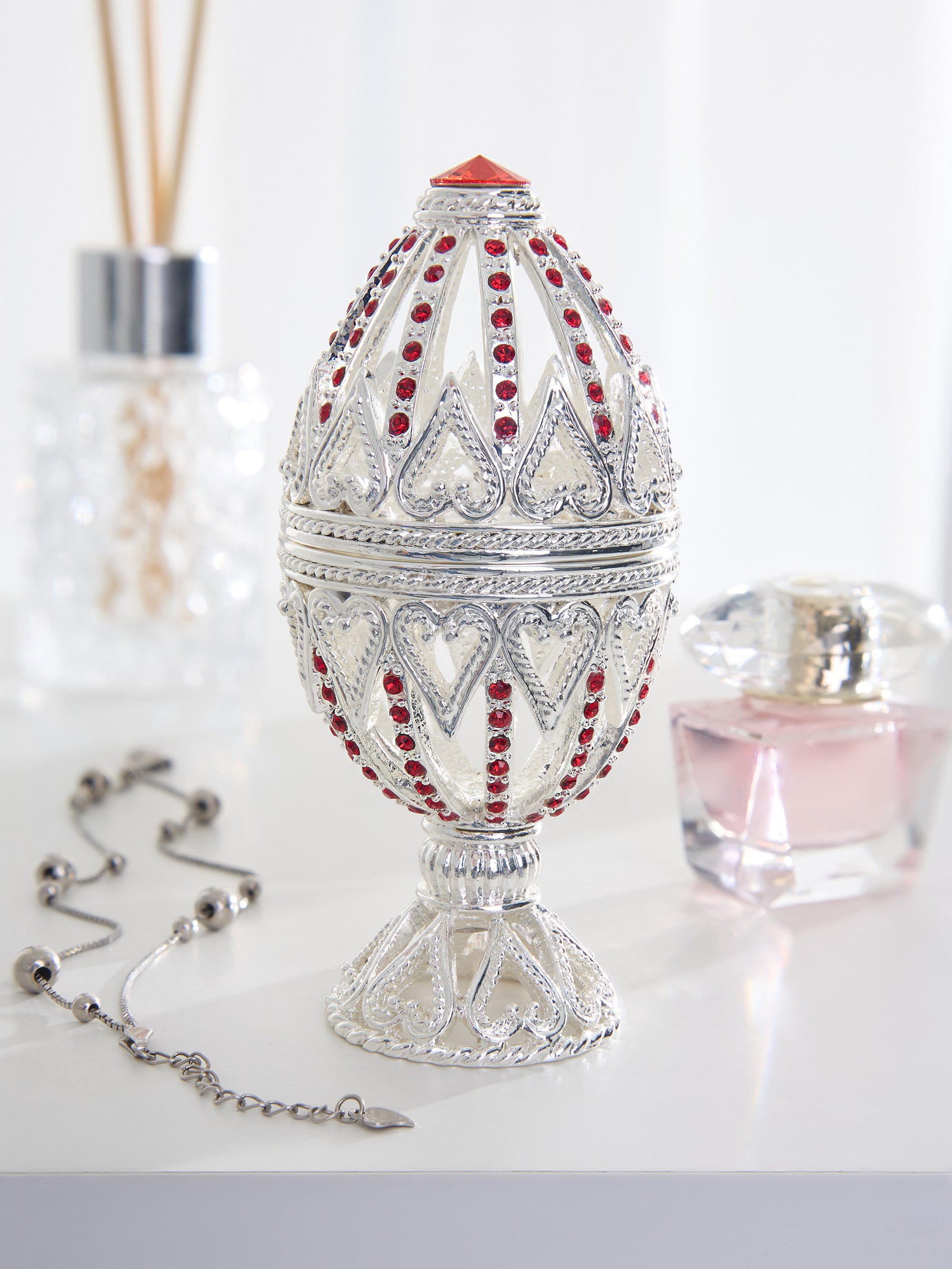 Keren Kopal Silver Easter Egg with Red Crystals & Hearts