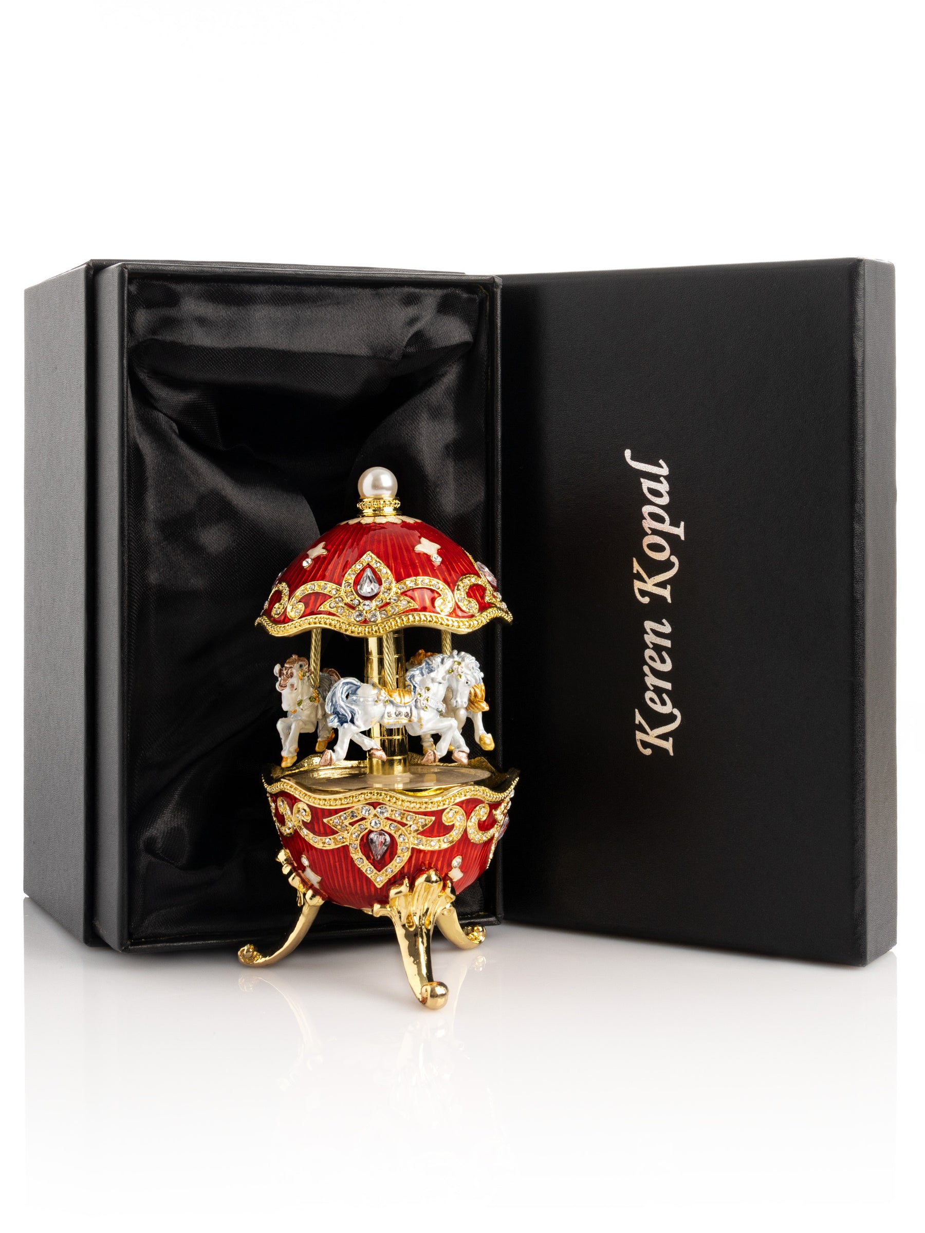 Keren Kopal Red Wind up Horse Carousel Faberge Style Egg