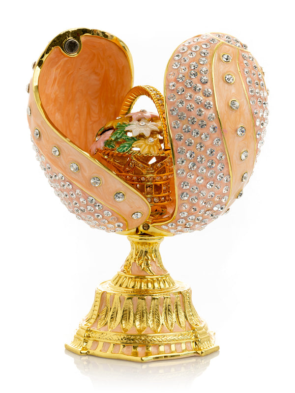 Spiral Salmon Pink Faberge Egg with Flowers Bouquet