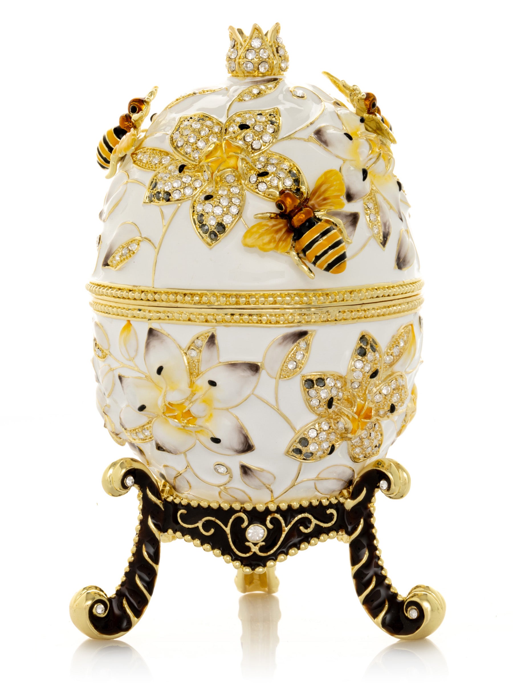 White Faberge Egg with Bees and Flowers