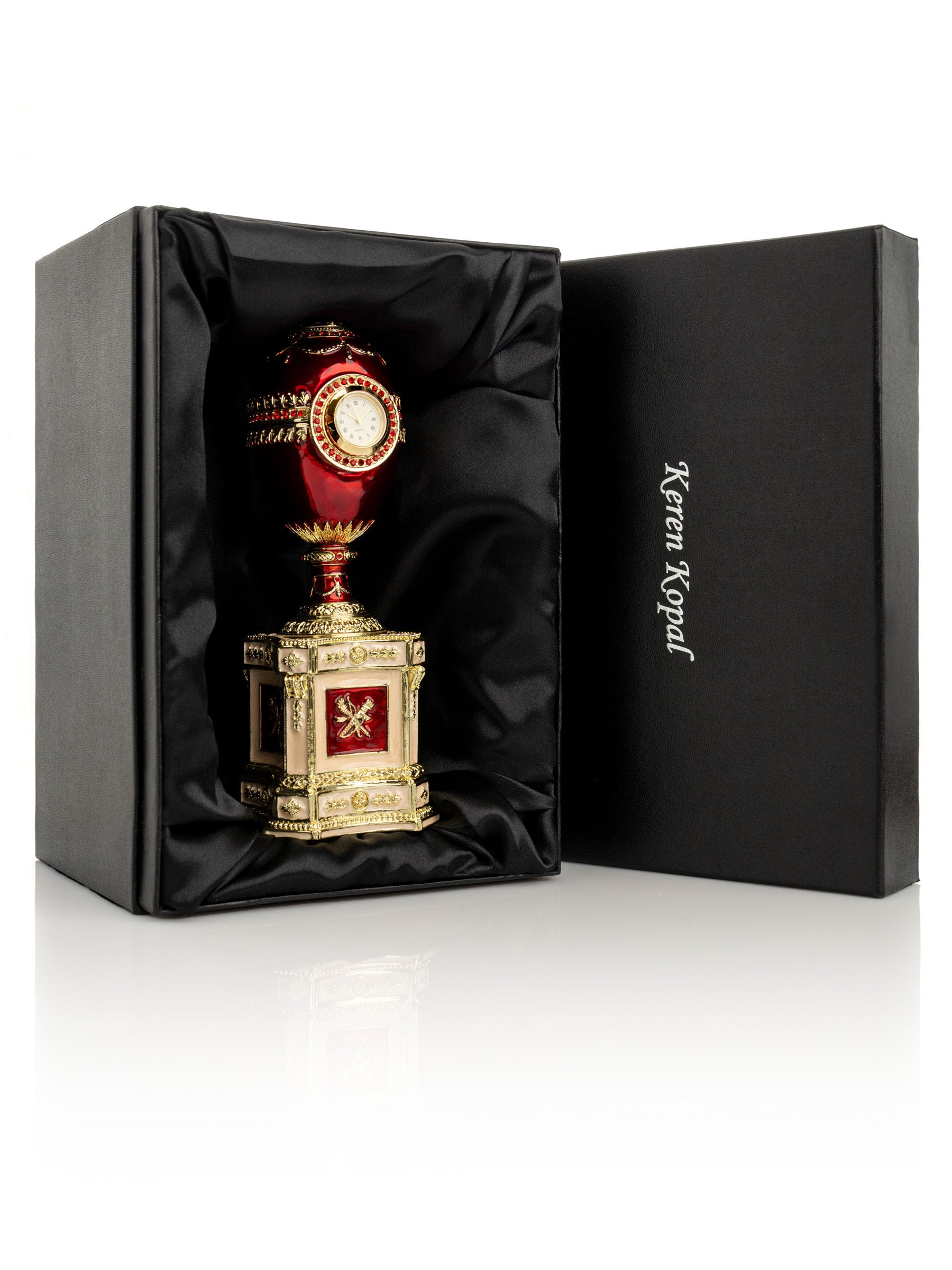 Keren Kopal Red Faberge Egg with a Pearl and a Clock