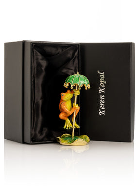Keren Kopal Rainy Day Orange Frog with Umbrella Trinket Box