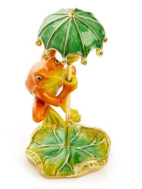 Keren Kopal Rainy Day Orange Frog with Umbrella Trinket Box