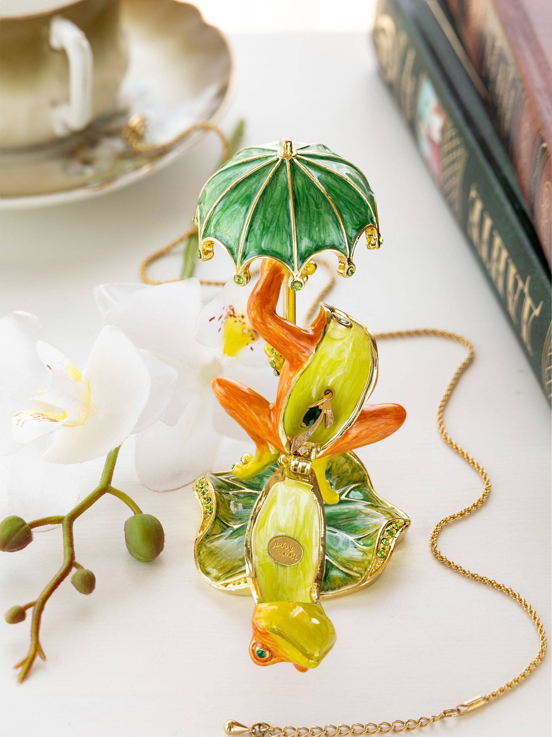Keren Kopal Rainy Day Orange Frog with Umbrella Trinket Box