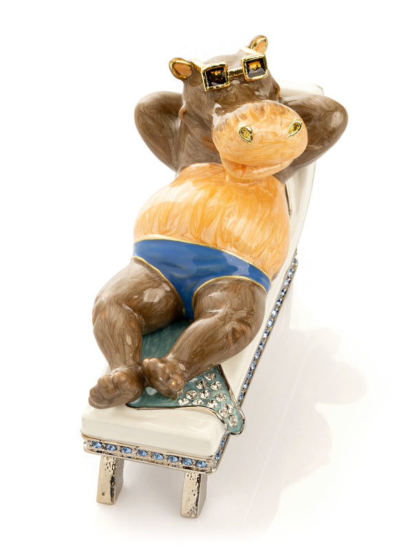 Relaxing Hippo on Sun Lounger Trinket Box