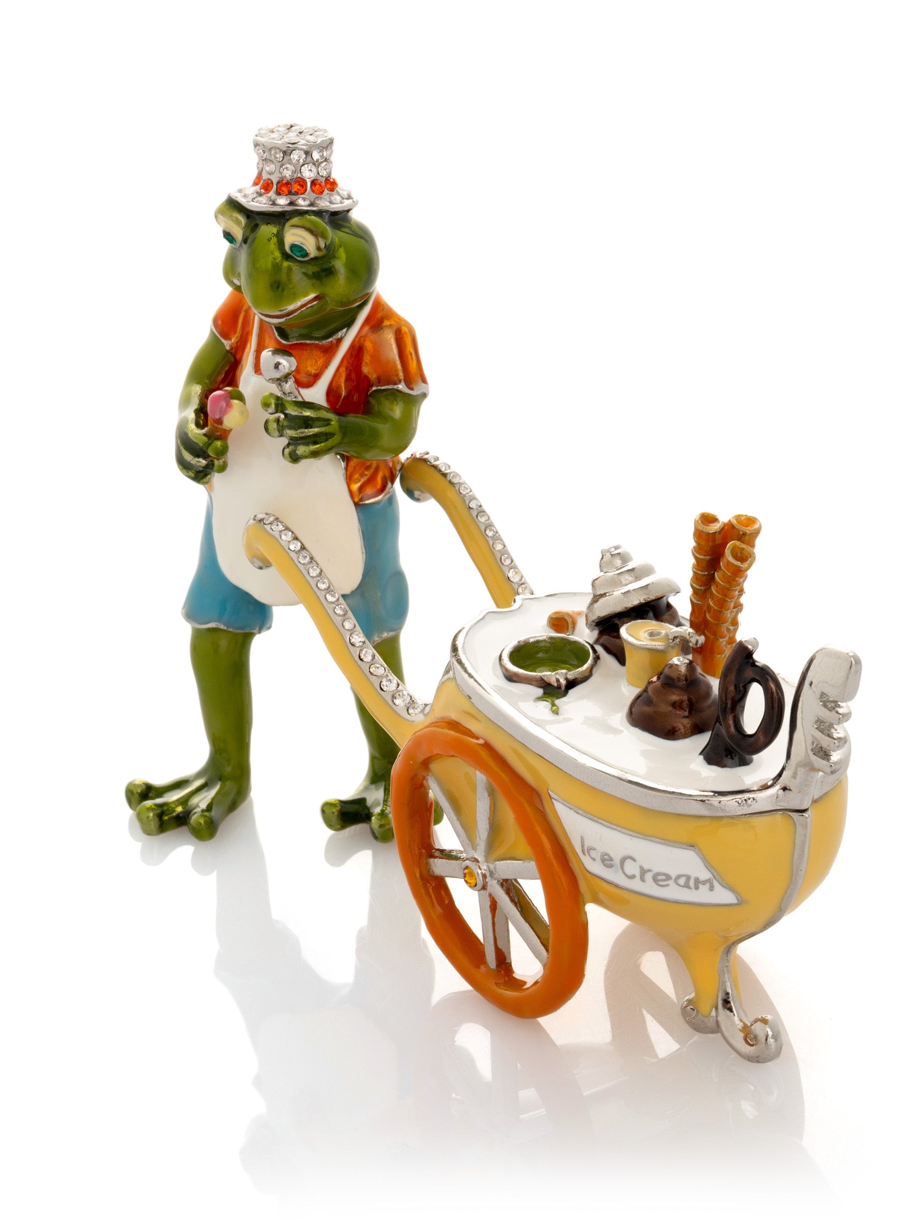 Frog ice cream seller with a colorful ice cream cart