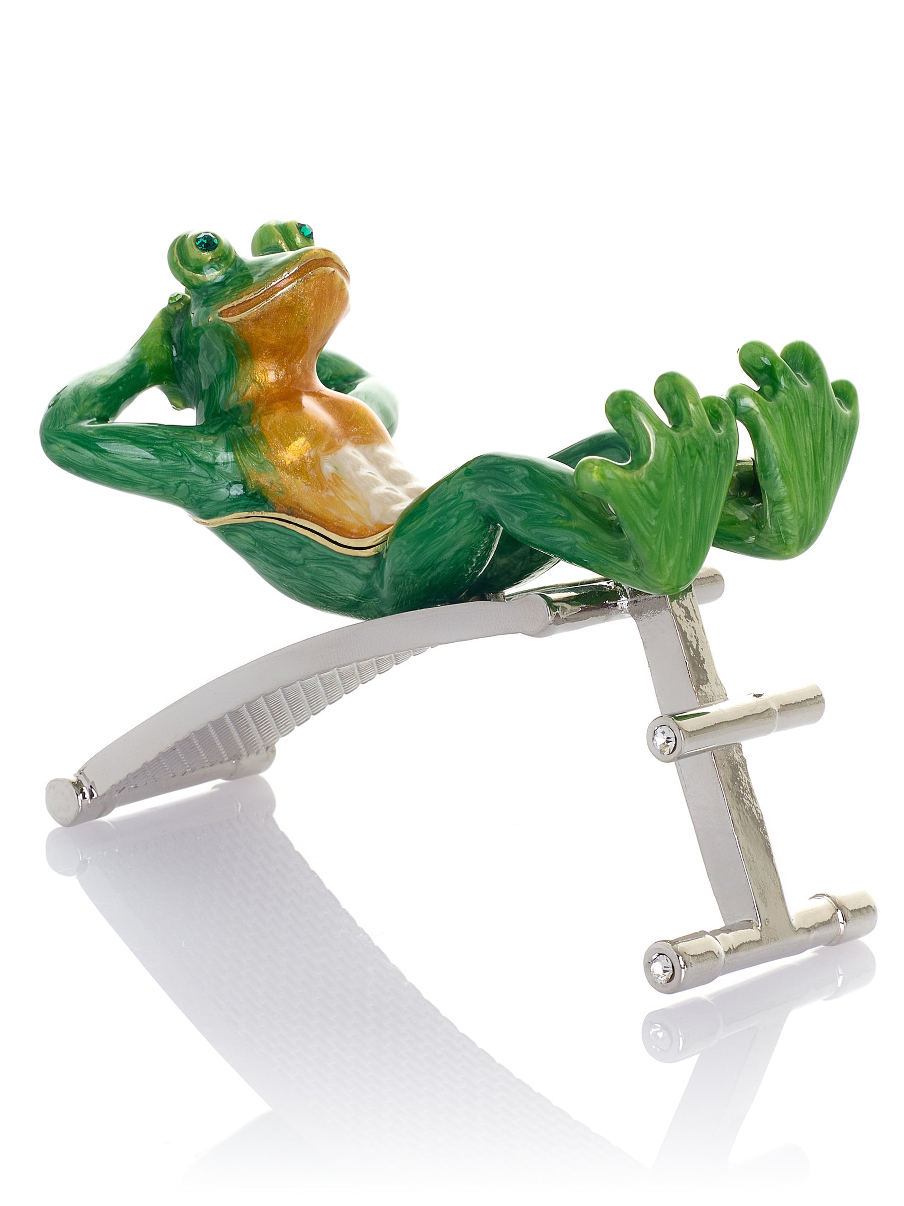 Green Frog Exercising on Bench Trinket Box
