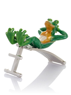 Green Frog Exercising on Bench Trinket Box
