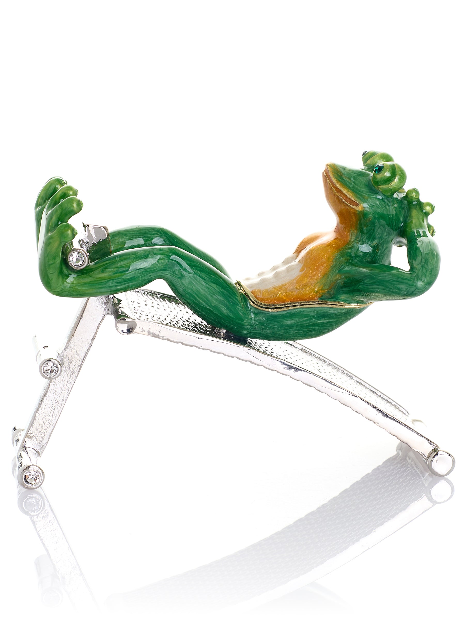 Green Frog Exercising on Bench Trinket Box
