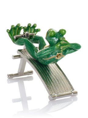 Green Frog Exercising on Bench Trinket Box