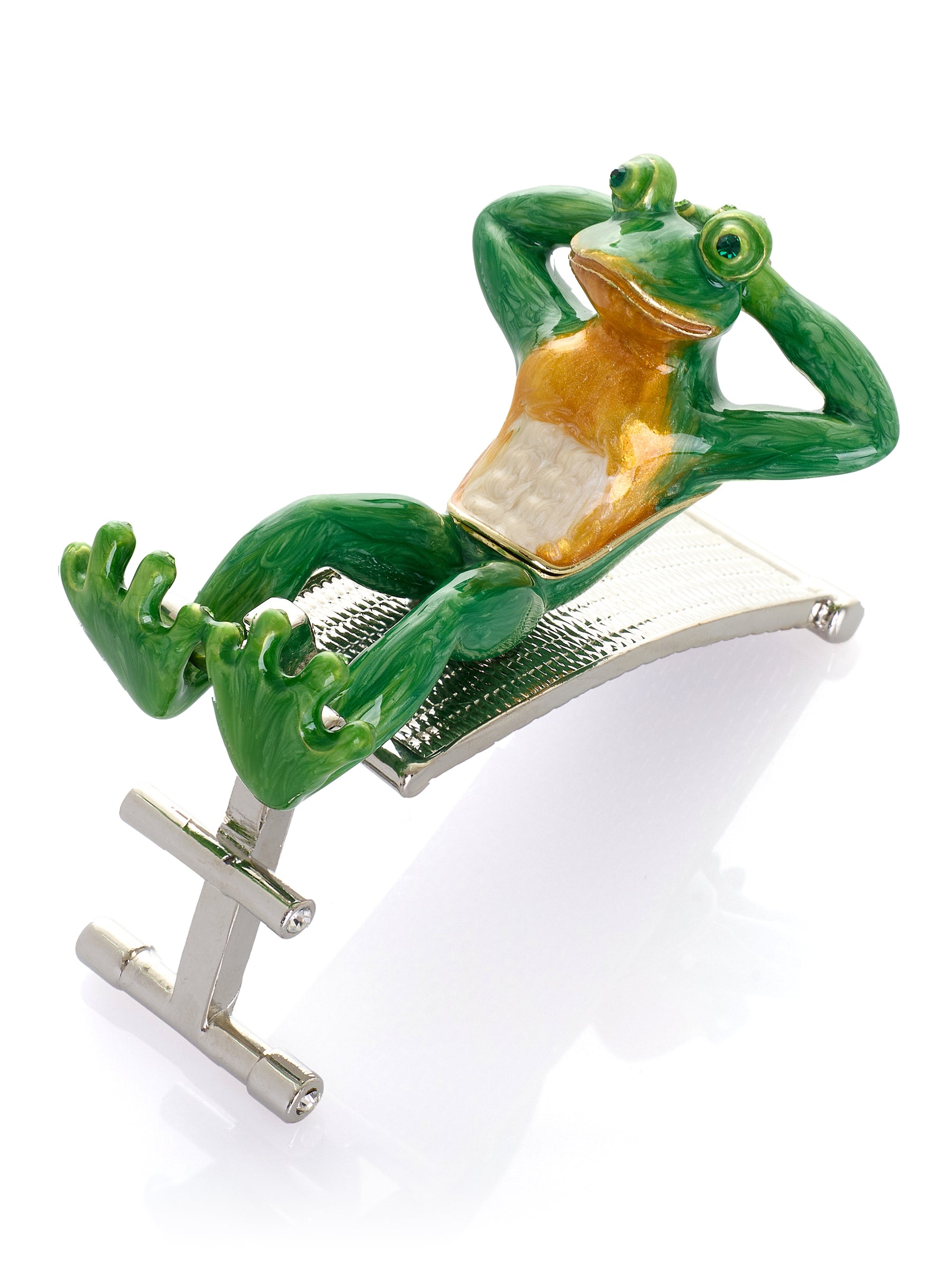 Green Frog Exercising on Bench Trinket Box
