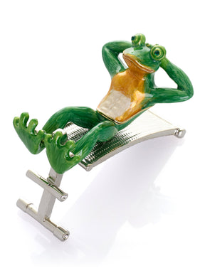 Green Frog Exercising on Bench Trinket Box