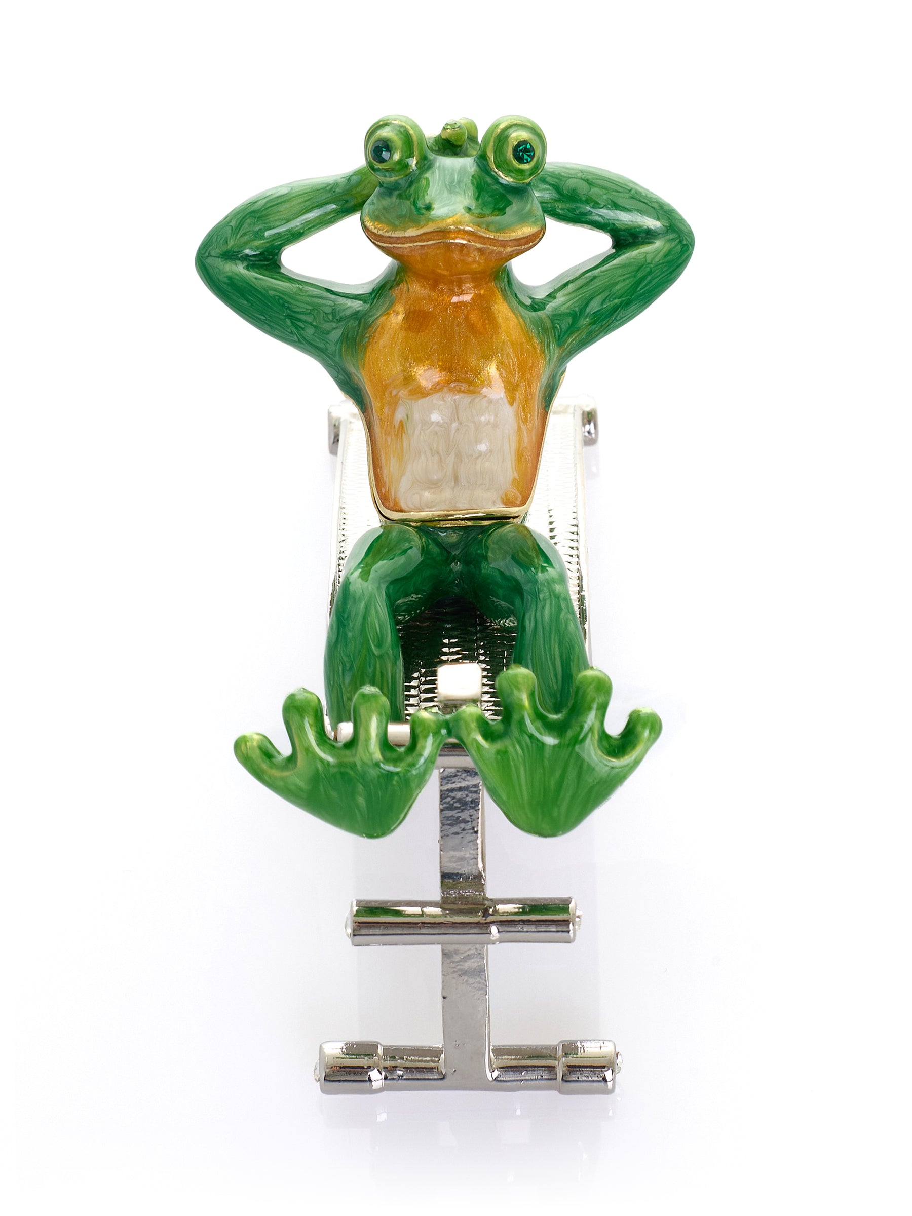 Green Frog Exercising on Bench Trinket Box