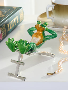 Green Frog Exercising on Bench Trinket Box