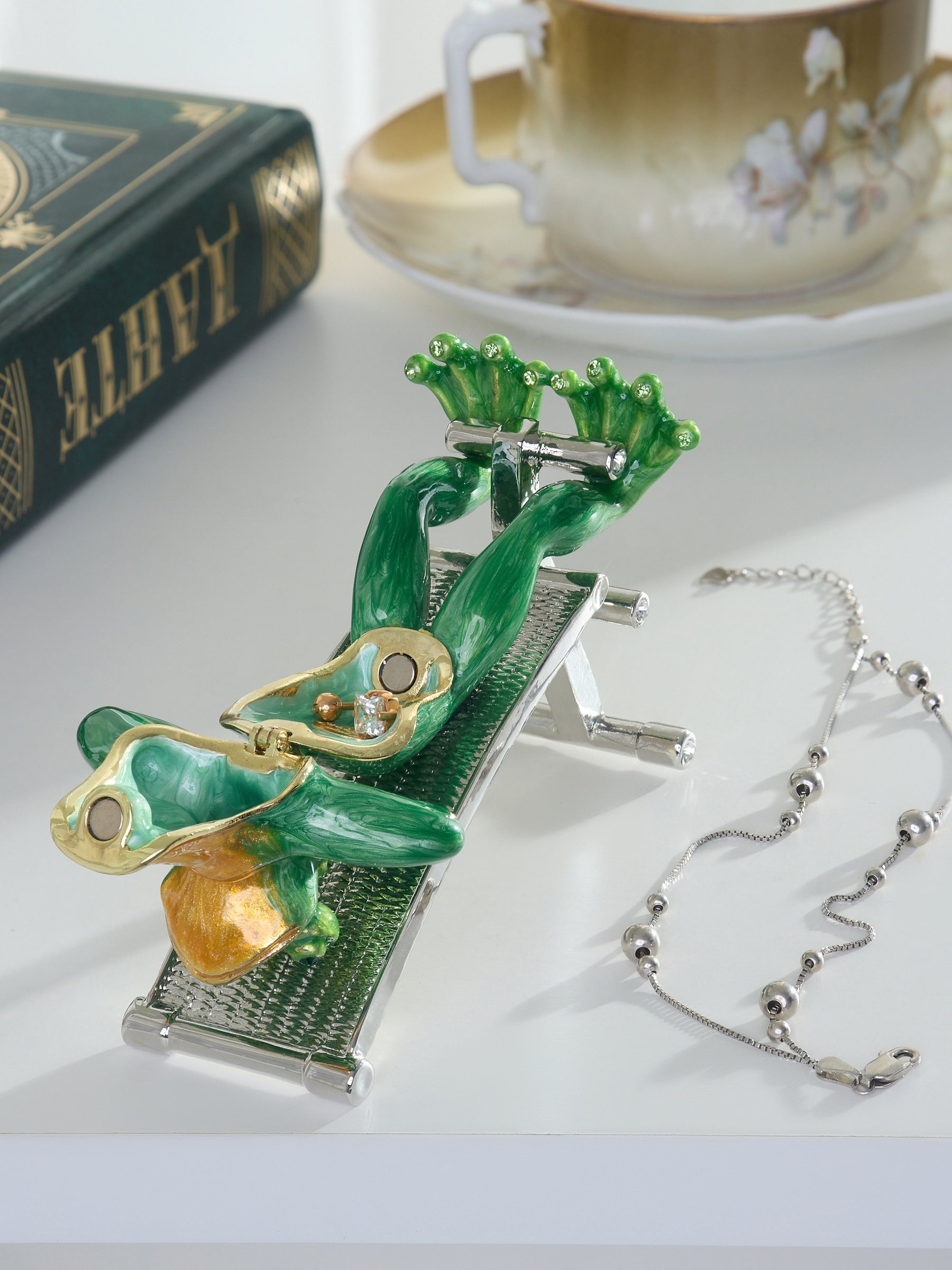 Green Frog Exercising on Bench Trinket Box