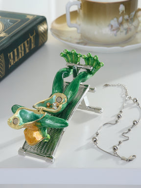 Green Frog Exercising on Bench Trinket Box