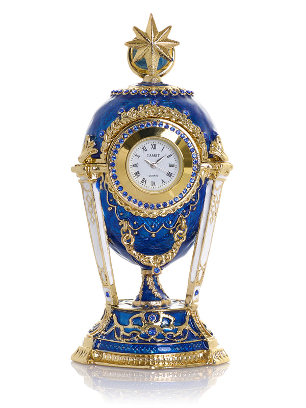 Königsblaues & Goldenes Uhr-Ei Schmuckkästchen im Fabergé-Stil mit Geheimfach & abnehmbarem Stern